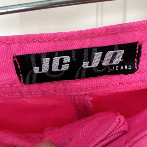 JC & JQ Bright Pink Stretchy High Waisted Flared Disco Bell Bottom Jeans Large - Picture 2 of 6